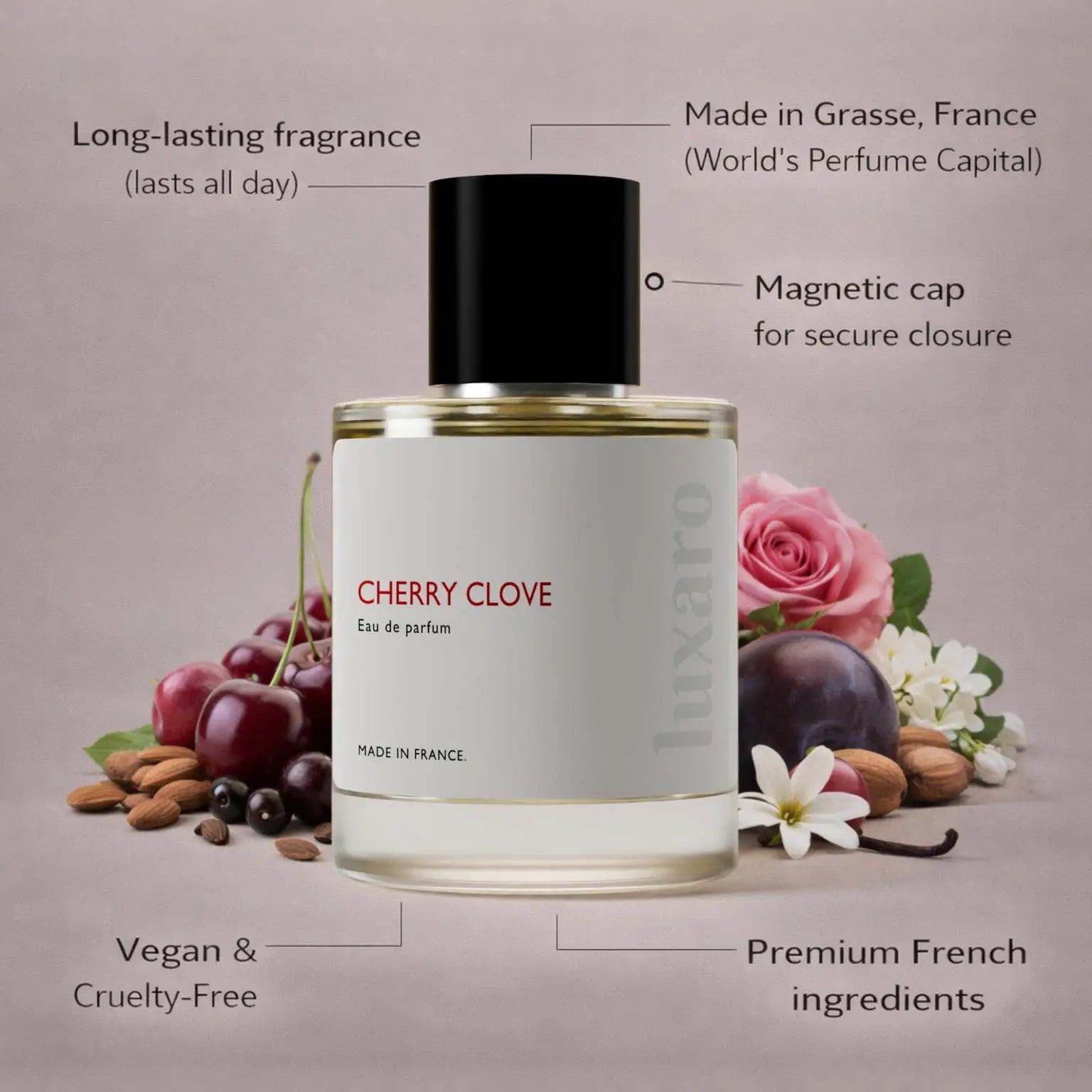 Cherry Clove designer inspired perfume by Luxaro, made in France in Grasse, long lasting, vegan and cruelty free