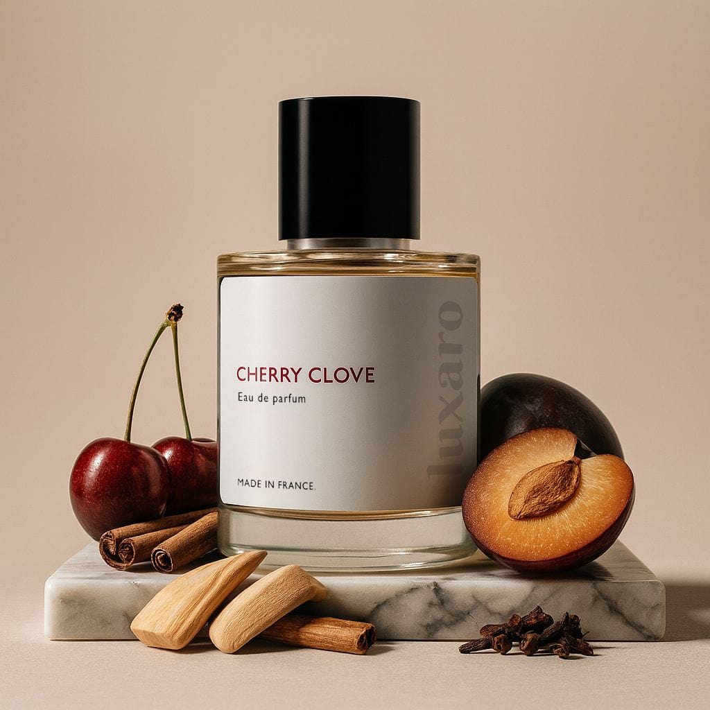 Luxaro Cherry Clove perfume featuring cherry, clove, and tonka bean, Cinnamon, Sandalwood, inspired by Tom Ford Lost Cherry dupe - affordable alternative made in france