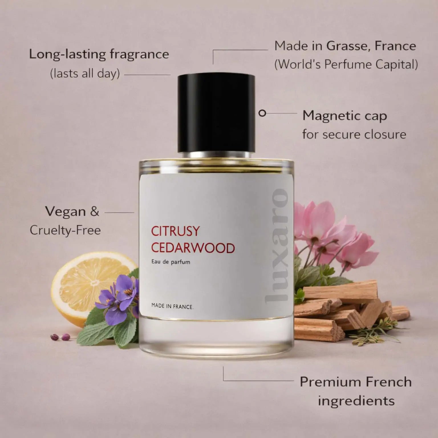 Citrusy Cedarwood designer inspired perfume by Luxaro, made in France in Grasse, long lasting, vegan and cruelty free