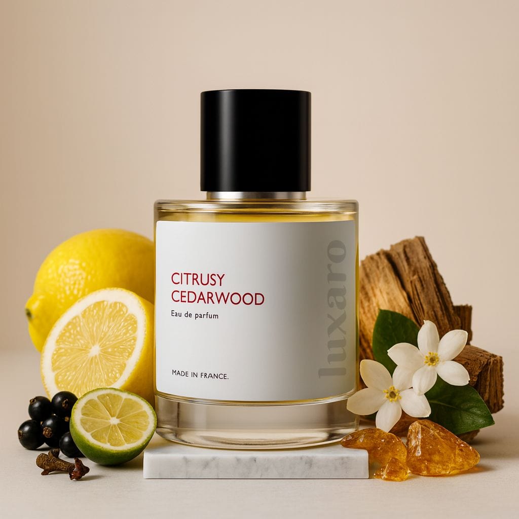 Luxaro Citrusy Cedarwood perfume featuring citrus, cedarwood, and vetiver, inspired by Bal d’Afrique dupe - affordable alternative Made in France