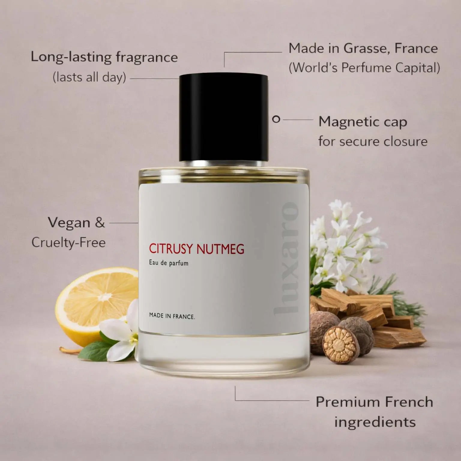 Citrusy Nutmeg designer inspired perfume by Luxaro, made in France in Grasse, long lasting, vegan and cruelty free