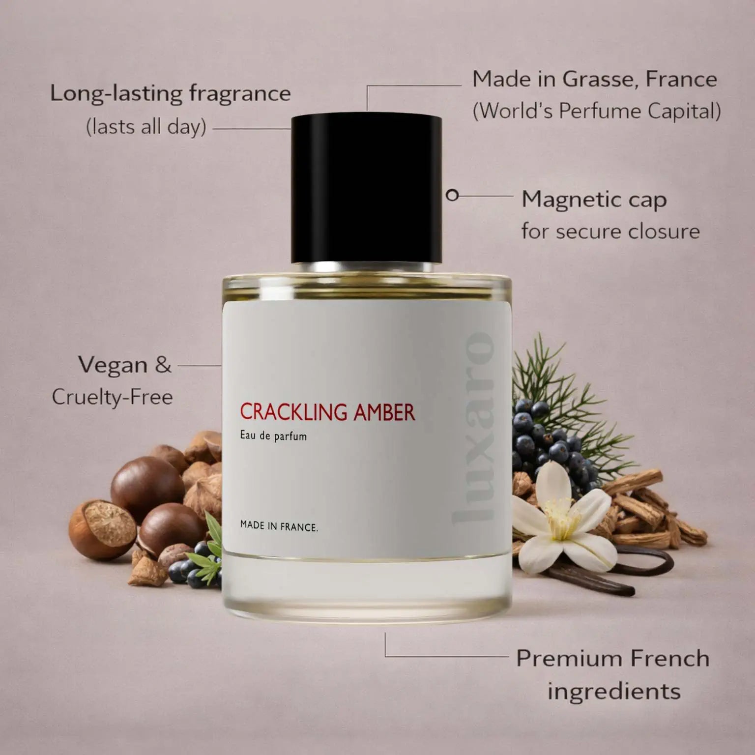 Crackling Amber designer inspired perfume by Luxaro, made in France in Grasse, long lasting, vegan and cruelty free