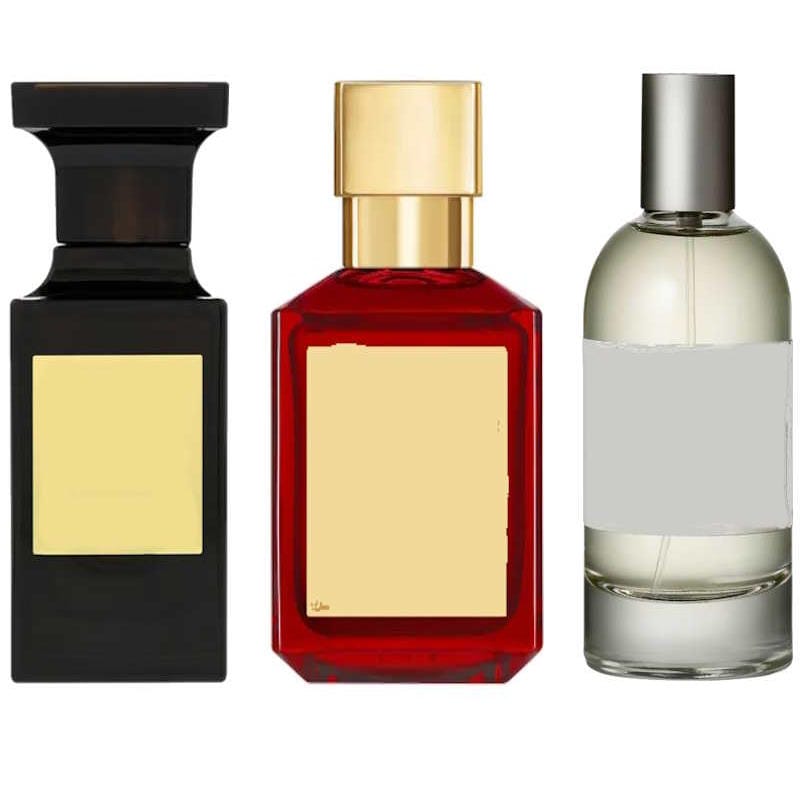 Three perfume bottles with different designs and colors  luxaro