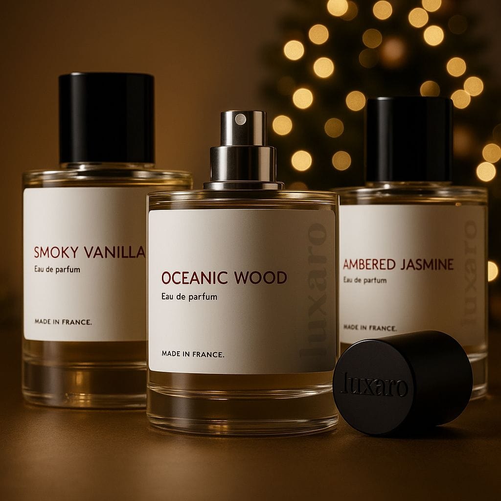 Three Luxaro perfume bottles with labels 'Smoky Vanilla', 'Oceanic Wood', and 'Ambered Jasmine' against a warm, blurred background.