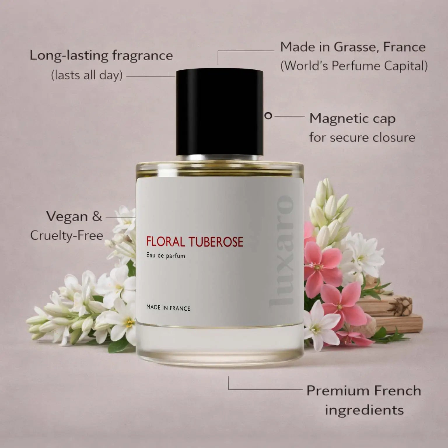 Floral Tuberose designer inspired perfume by Luxaro, made in France in Grasse, long lasting, vegan and cruelty free