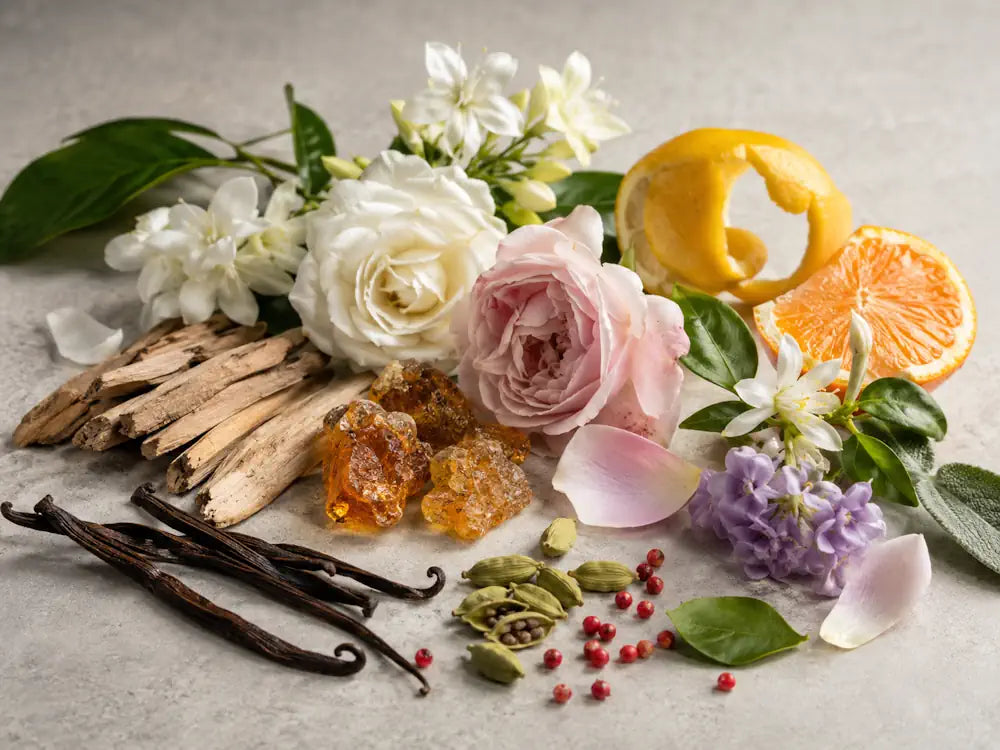 Fragrance materials including petals, citrus, woods, resin, vanilla and spices arranged to represent perfume accords