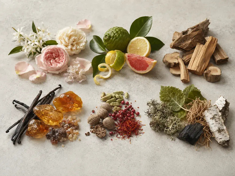 Grouped fragrance materials including florals, citrus, woods, resins, vanilla and spices representing perfume families