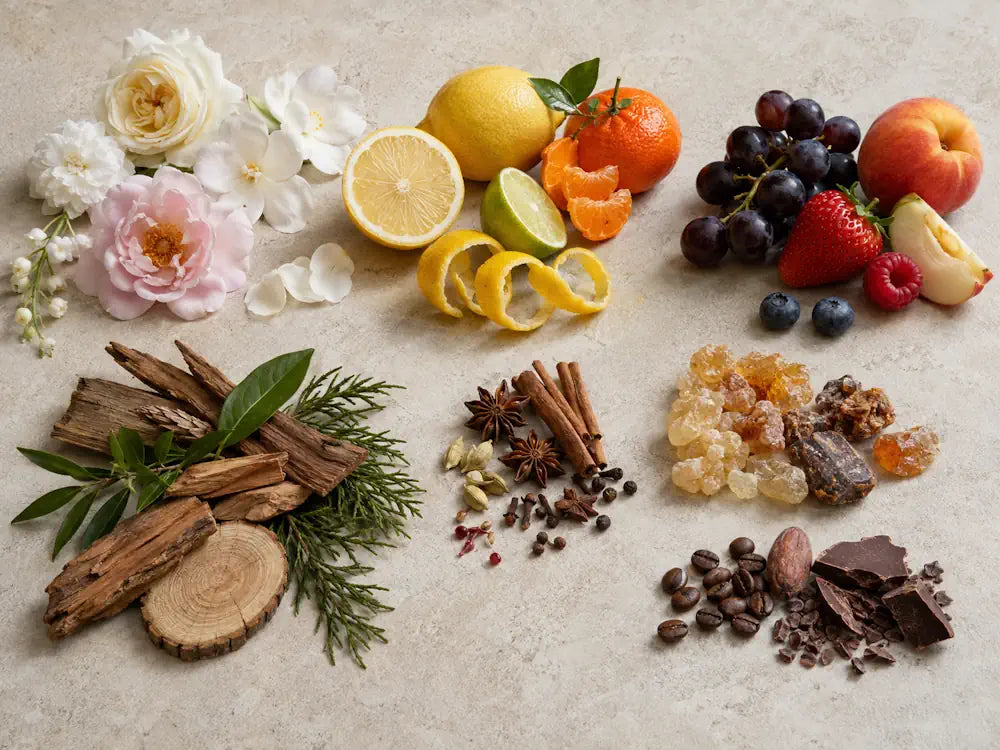 Grouped fragrance materials including flowers, citrus, fruit, woods, spices, resins and gourmand notes representing note categories