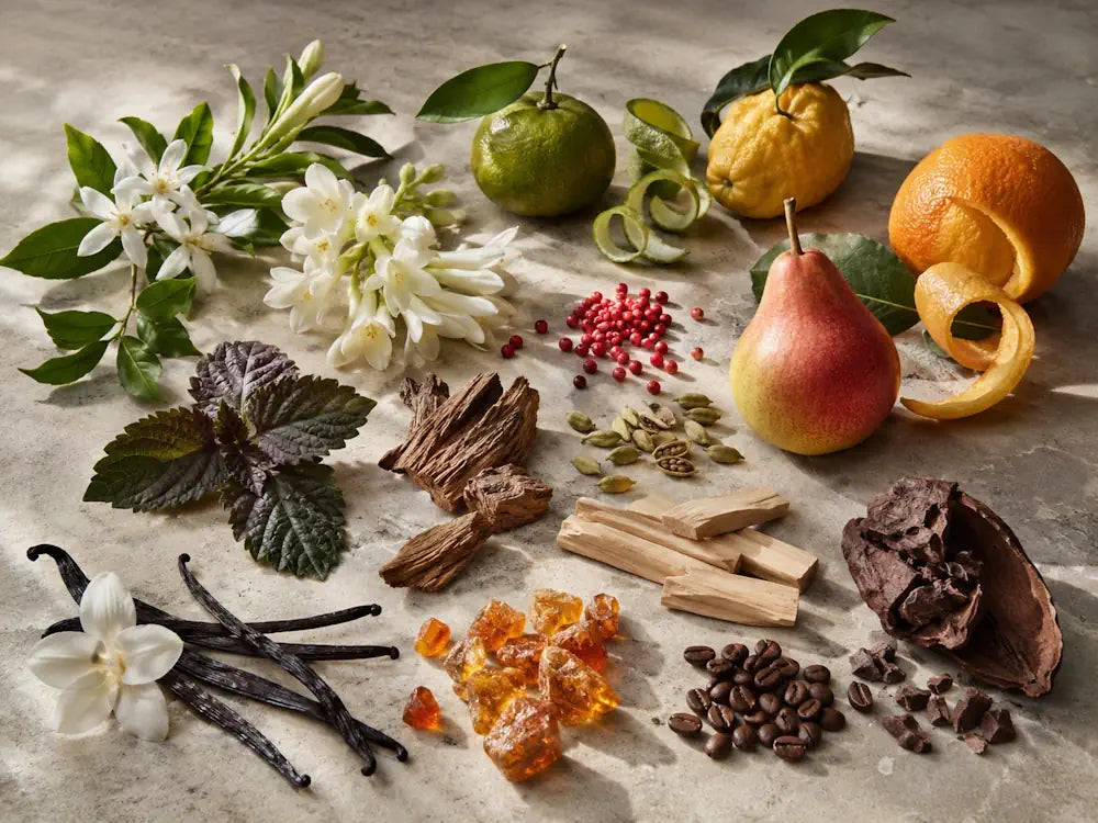 Mixed fragrance notes including flowers, citrus, woods, resins, spices, fruit, vanilla and coffee arranged on a pale neutral background