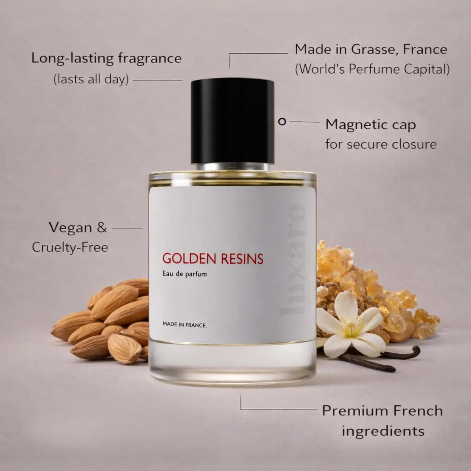 Golden Resins designer inspired perfume by Luxaro, made in France in Grasse, long lasting, vegan and cruelty free