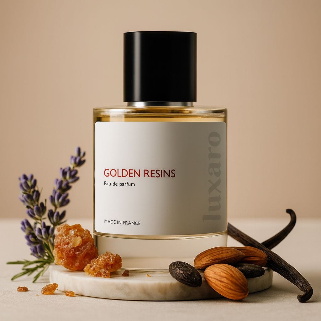 Luxaro Golden Resins perfume featuring myrrh, tonka bean, and vanilla, inspired by Myrrh & Tonka dupe - affordable alternative Made in France