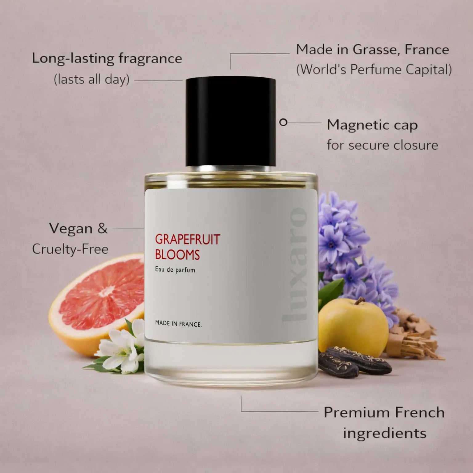 Grapefruit Blooms designer inspired perfume by Luxaro, made in France in Grasse, long lasting, vegan and cruelty free