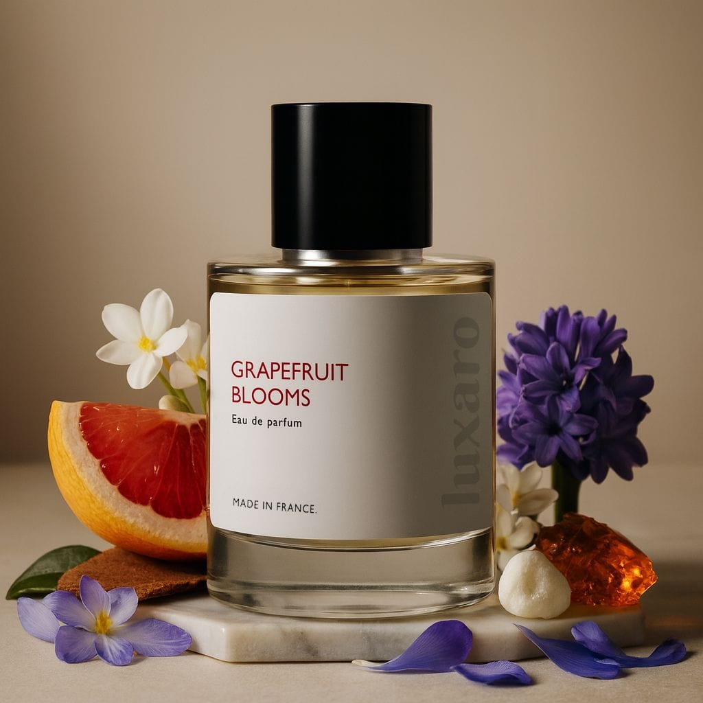 Luxaro Grapefruit Blooms perfume featuring grapefruit, jasmine, and iris, inspired by Chanel's Chance Eau Tendre dupe - affordable alternative Made in France
