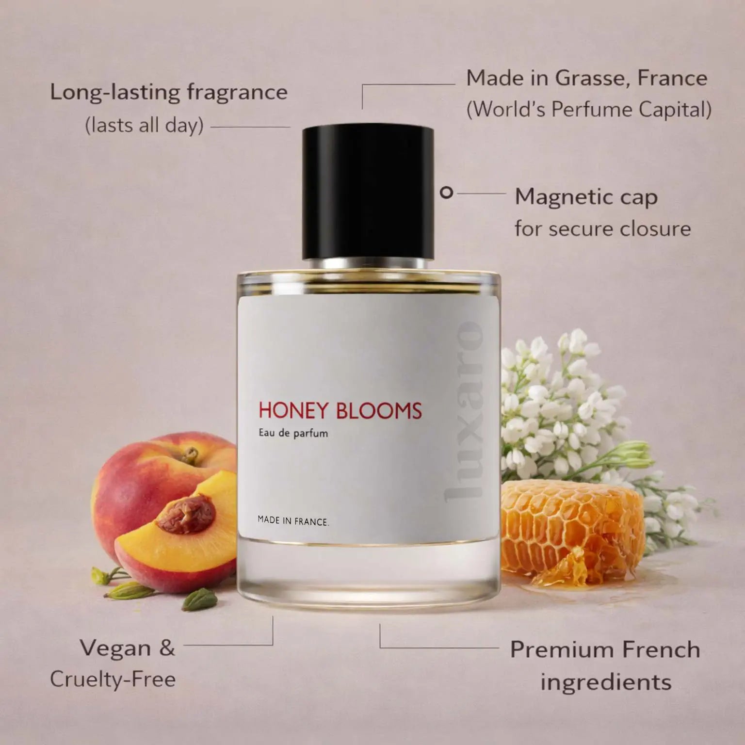 Honey Blooms designer inspired perfume by Luxaro, made in France in Grasse, long lasting, vegan and cruelty free