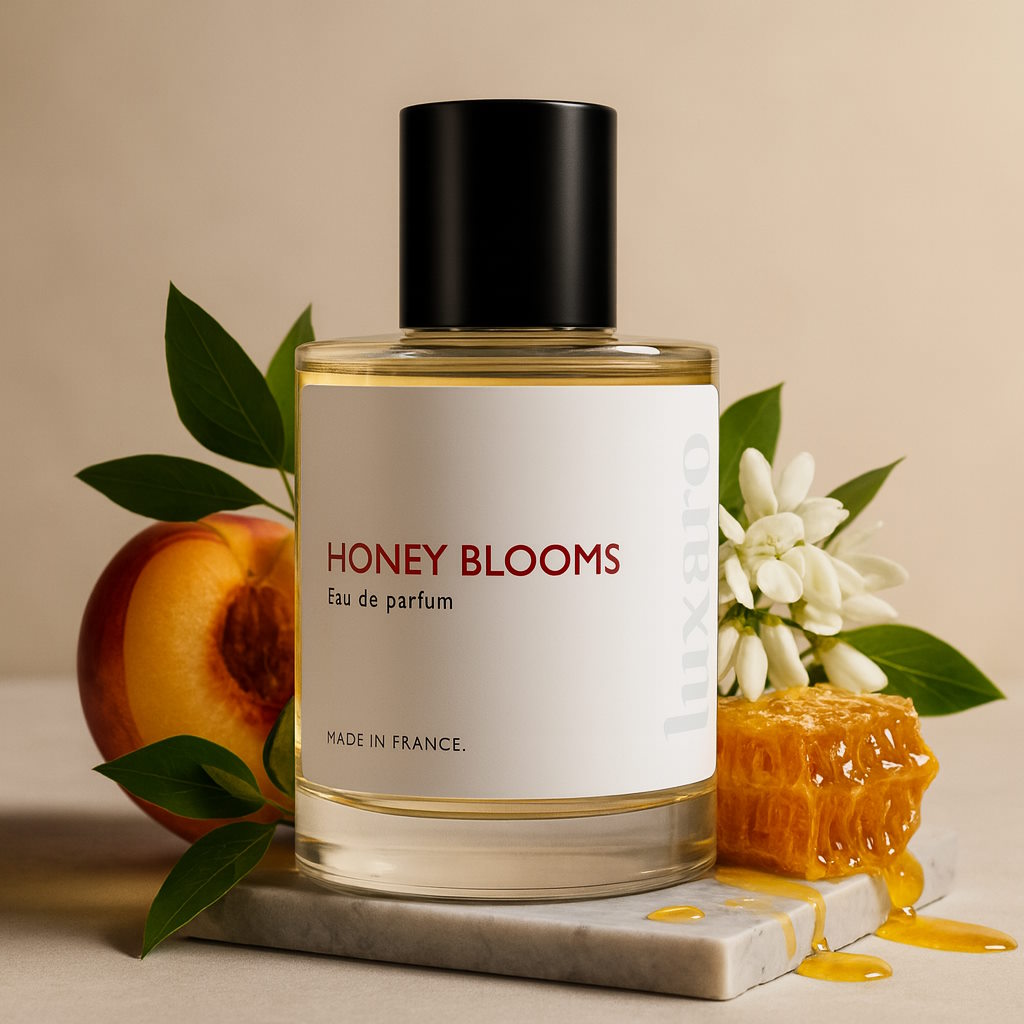 Luxaro Honey Blooms perfume featuring nectarine, honey, and apricot, inspired by Nectarine Blossom & Honey dupe - affordable alternative made in France
