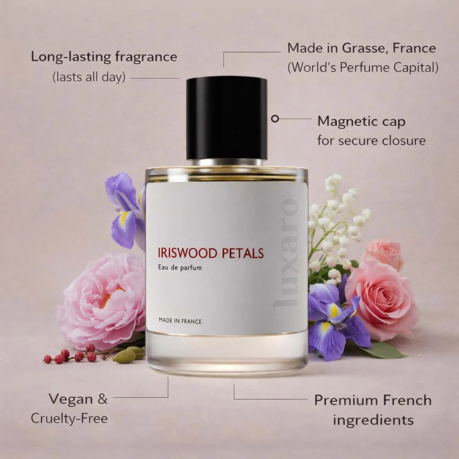 Iriswood Petals designer inspired perfume by Luxaro, made in France in Grasse, long lasting, vegan and cruelty free