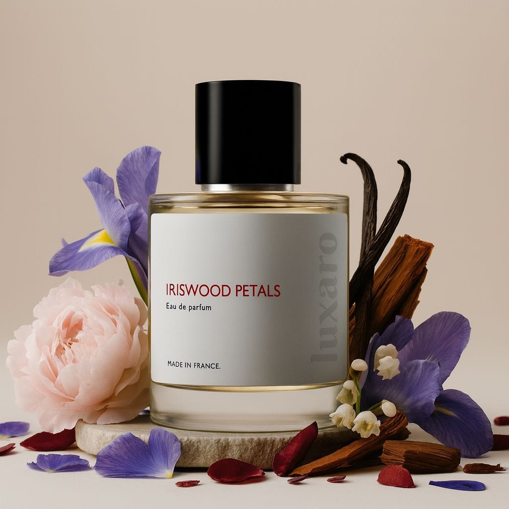 Luxaro Iriswood Petals perfume featuring iris, rose, and sandalwood, inspired by Dior's Miss Dior dupe - affordable alternative made in france