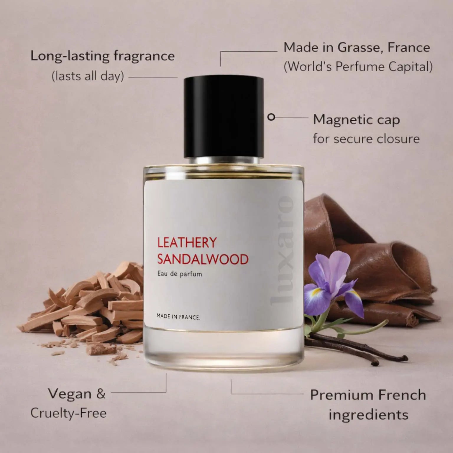 Leathery Sandalwood designer inspired perfume by Luxaro, made in France in Grasse, long lasting, vegan and cruelty free