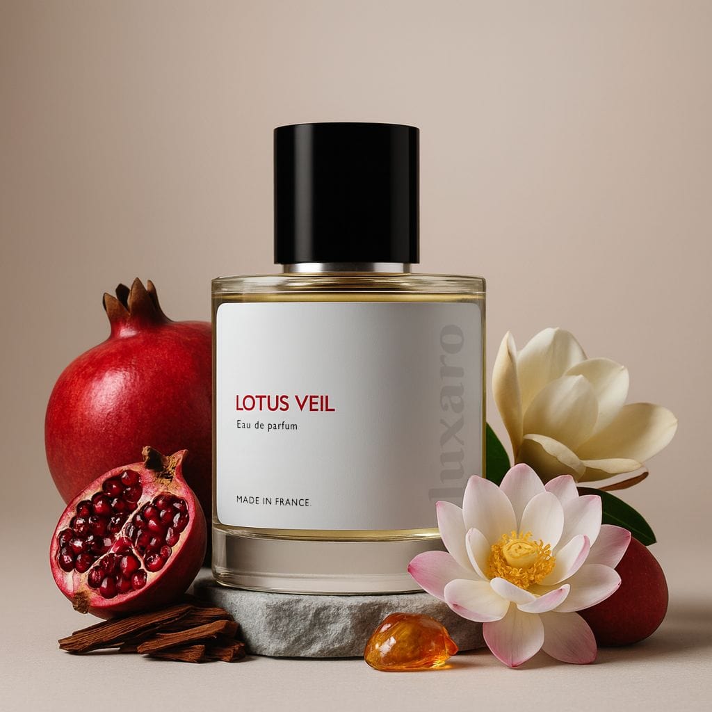 Luxaro Lotus Veil perfume featuring lotus, peony, and magnolia, inspired by Bright Crystal dupe - affordable alternative made in france