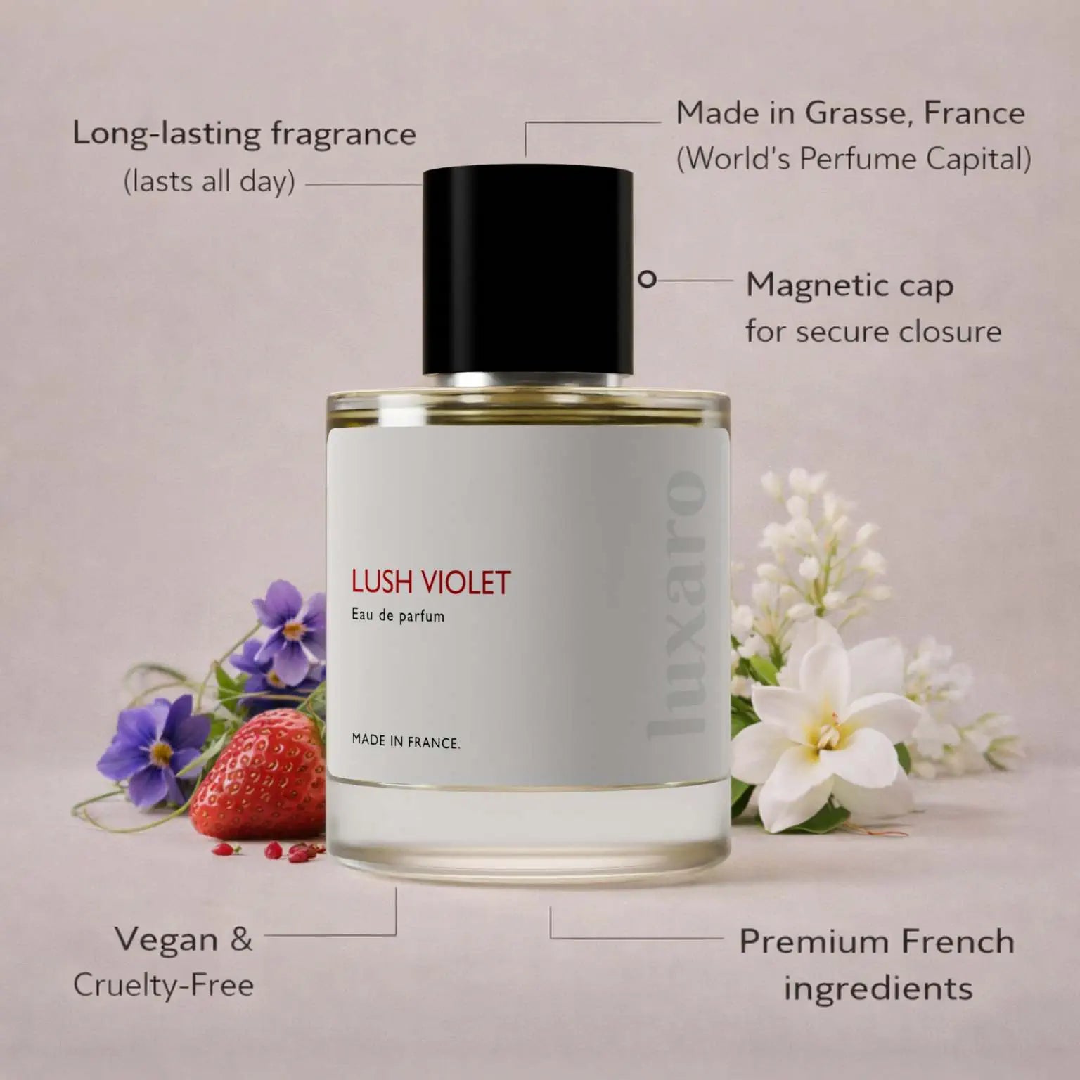 Lush Violet designer inspired perfume by Luxaro, made in France in Grasse, long lasting, vegan and cruelty free