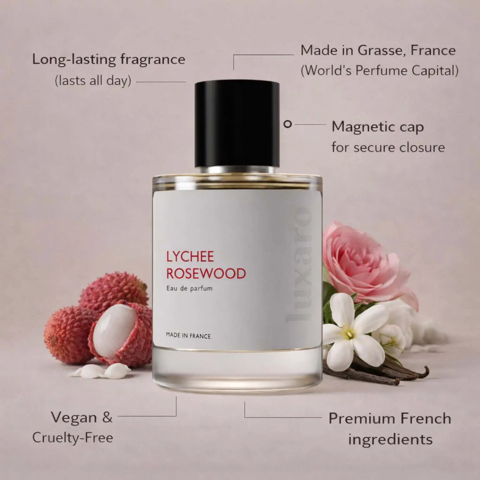 Lychee Rosewood designer inspired perfume by Luxaro, made in France in Grasse, long lasting, vegan and cruelty free