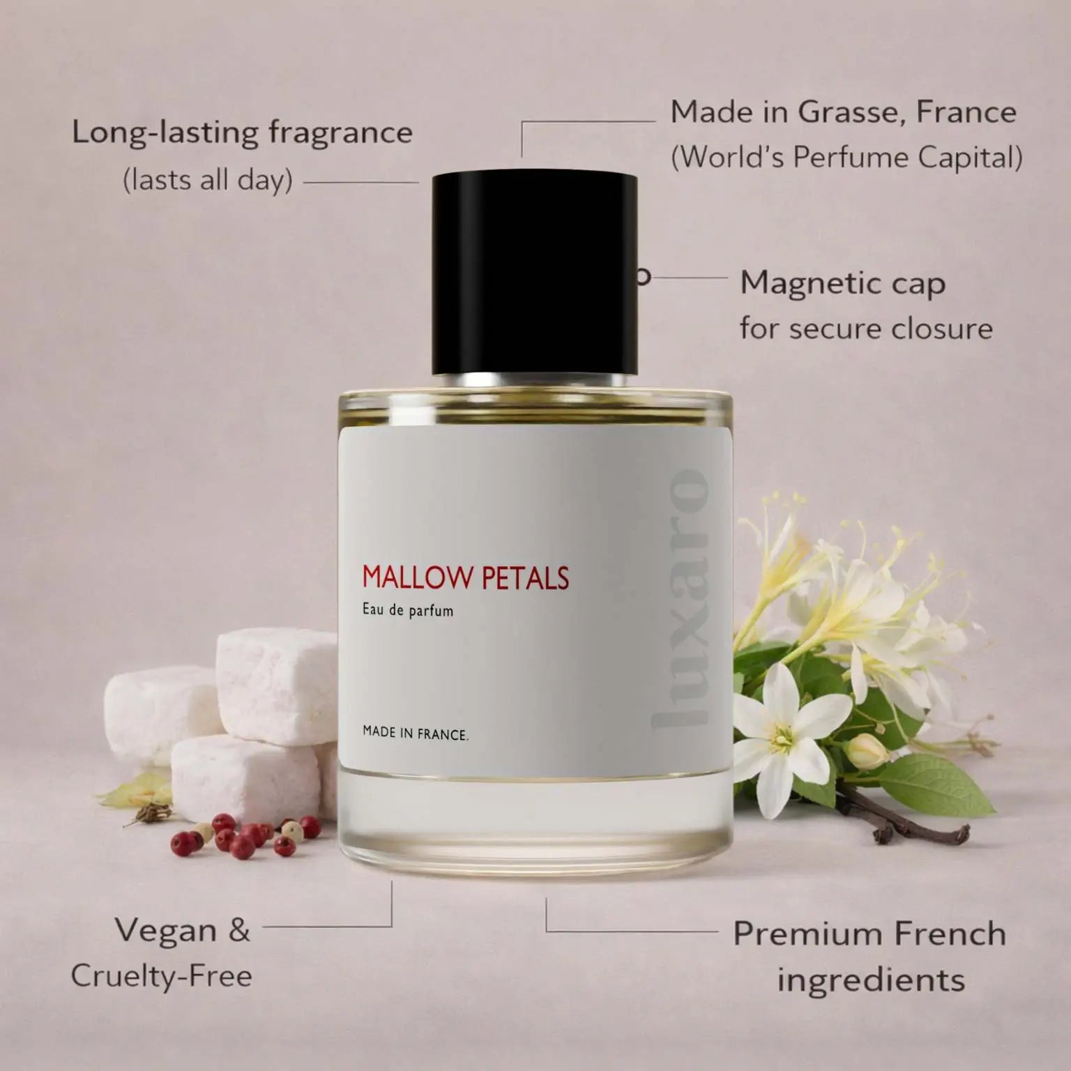 Mallow Petals designer inspired perfume by Luxaro, made in France in Grasse, long lasting, vegan and cruelty free