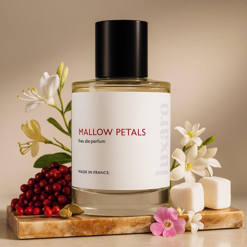 Luxaro Mallow Petals perfume featuring marshmallow, orange blossom, and jasmine, inspired by By Kilian's Love Don't Be Shy dupe - affordable alternative made in france