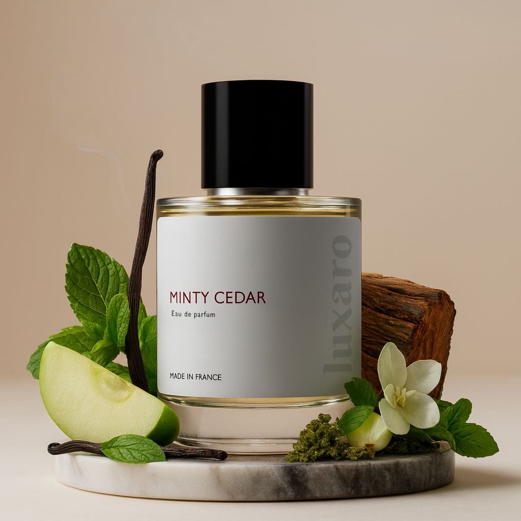 Luxaro Minty Cedar featuring mint, tonka bean, and vanilla, inspired by Versace's EROS dupe - affordable alternative made in france