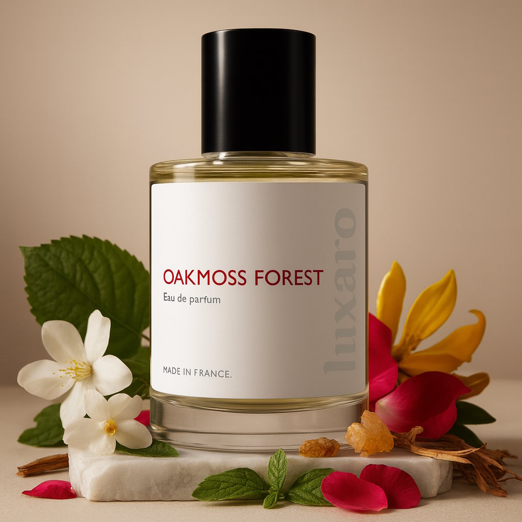 Luxaro Oakmoss Forest perfume featuring oakmoss, rose, and vanilla, inspired by Chanel's Coco Mademoiselle dupe - affordable alternative made in France