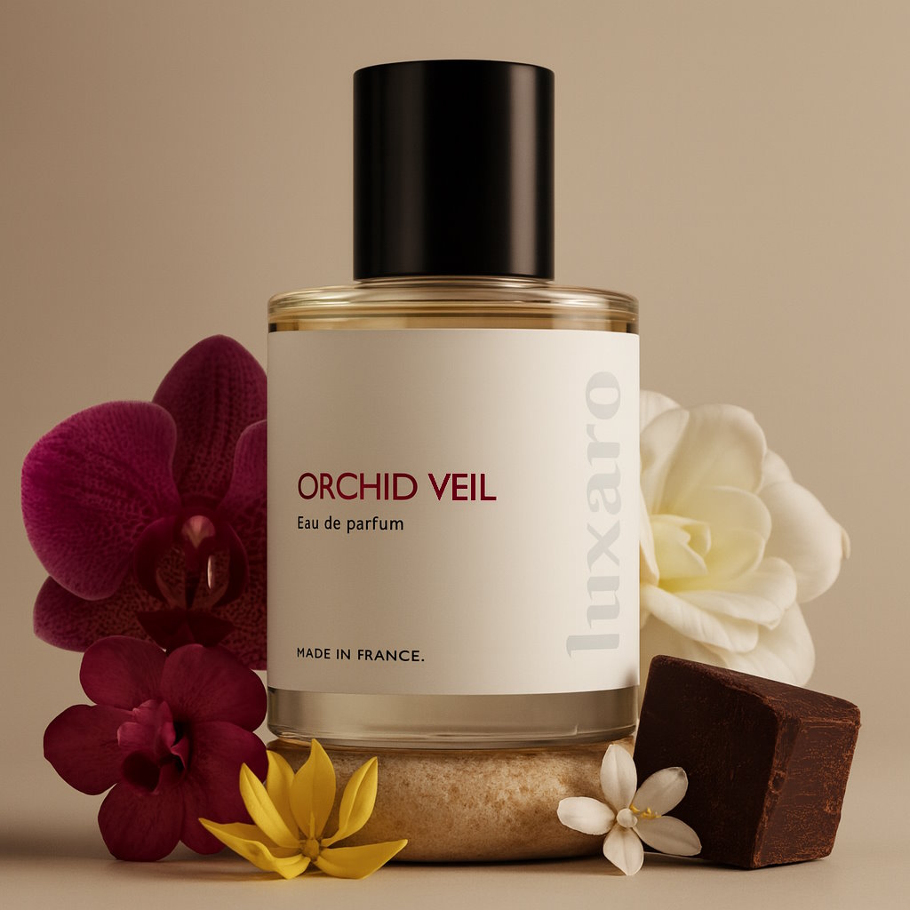 Luxaro Orchid Veil perfume featuring truffle, gardenia, and vanilla, inspired by Tom Ford's Black Orchid dupe - affordable alternative made in France