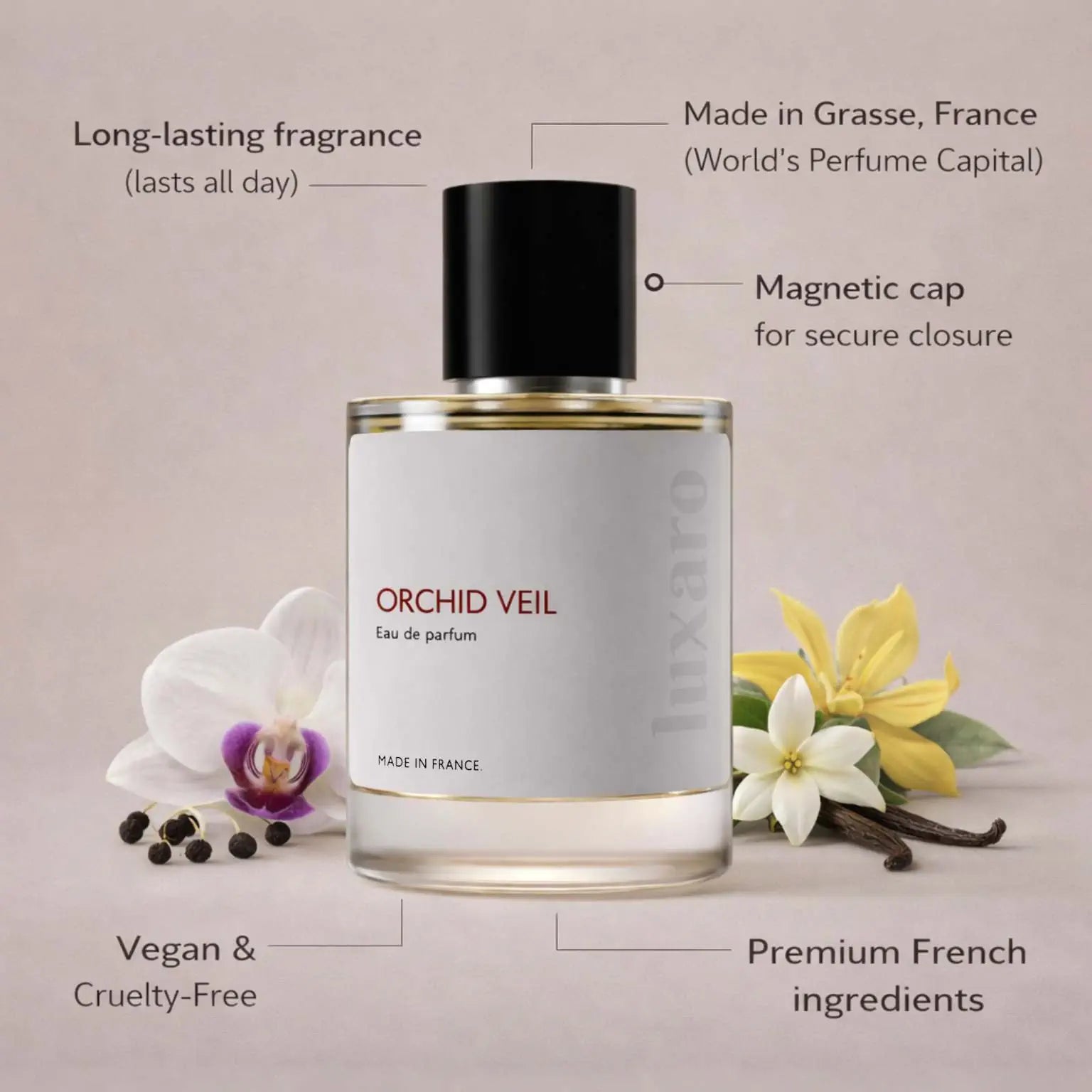 Orchid Veil designer inspired perfume by Luxaro, made in France in Grasse, long lasting, vegan and cruelty free
