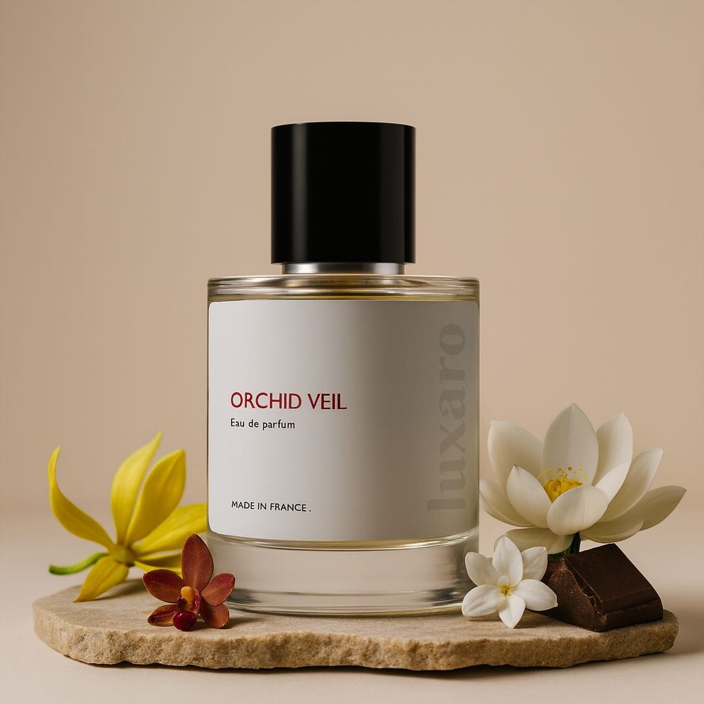 Luxaro Orchid Veil perfume featuring truffle, gardenia, and vanilla, inspired by Tom Ford's Black Orchid dupe - affordable alternative made in France