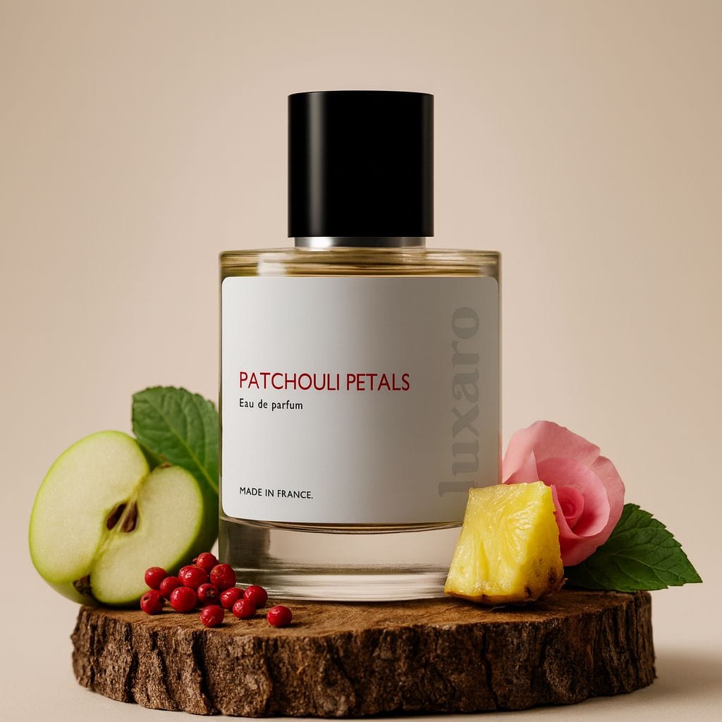 Luxaro Patchouli Petals perfume featuring patchouli, rose, and vanilla, inspired by Creed's Aventus For Her dupe - affordable alternative made in France