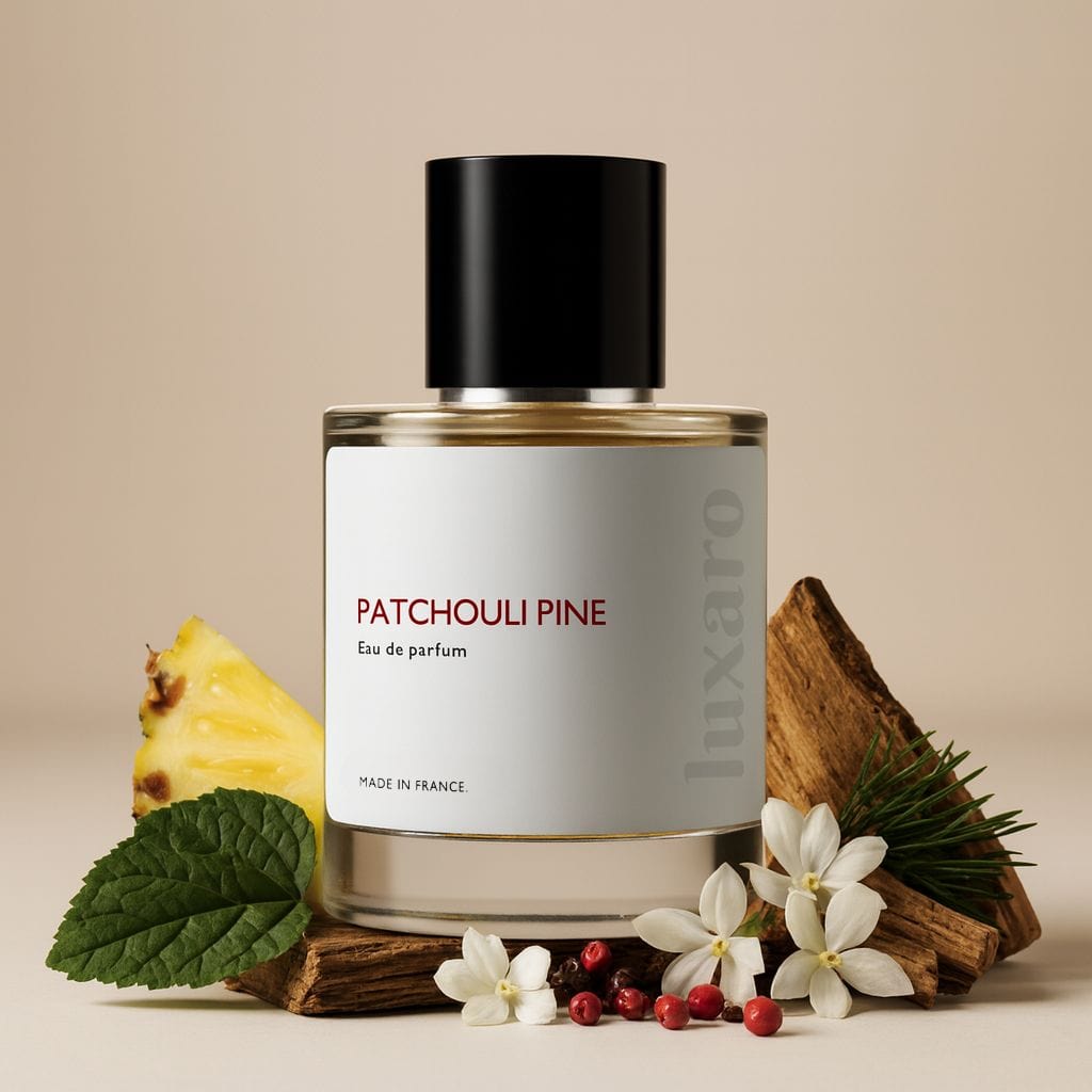 Luxaro Patchouli Pine perfume with ingredients: patchouli, jasmine, and birch, inspired by Creed's Aventus dupe - affordable alternative made in France