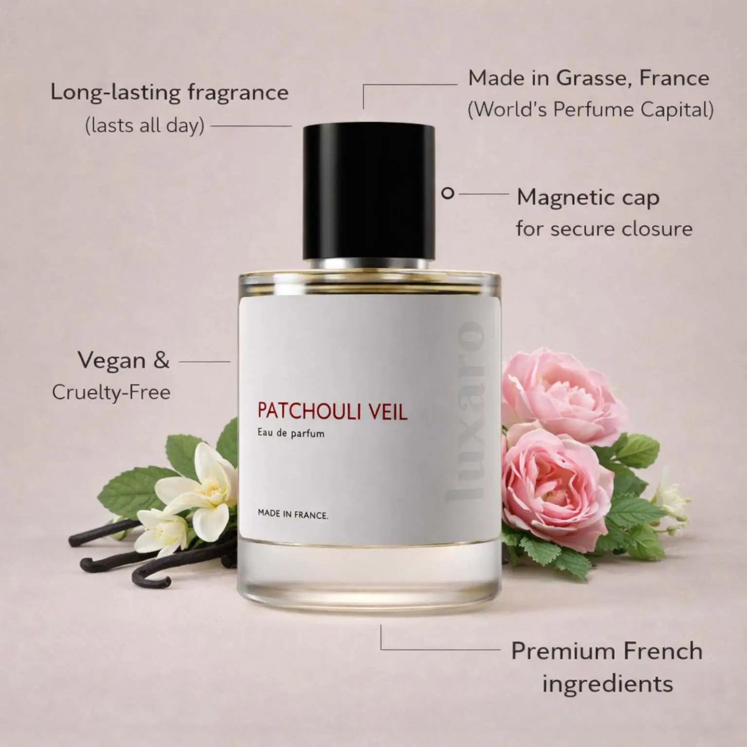 Patchouli Veil designer inspired perfume by Luxaro, made in France in Grasse, long lasting, vegan and cruelty free