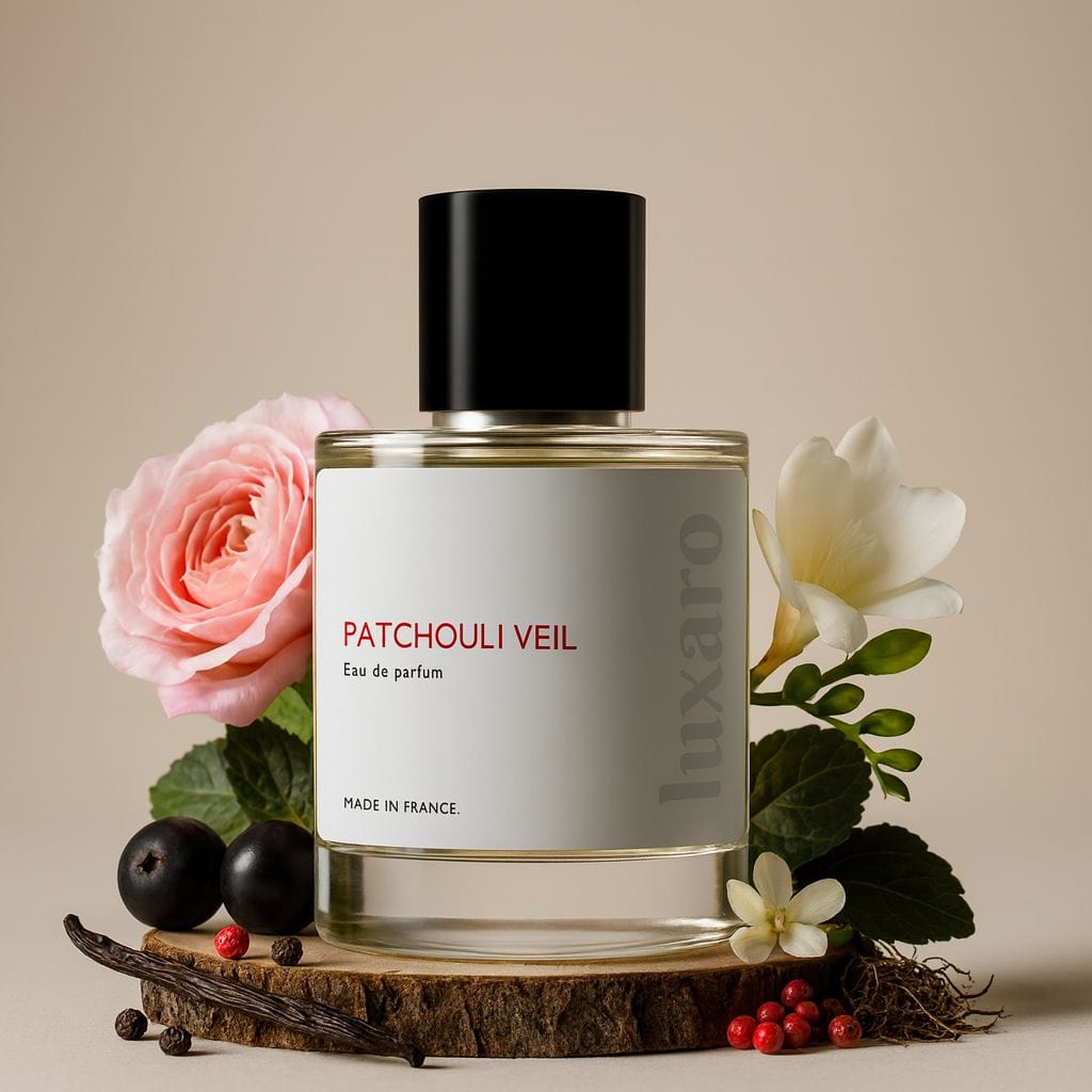 Luxaro Patchouli Veil perfume featuring  patchouli, rose, and freesia, inspired by Armani's Si dupe - affordable alternative made in France