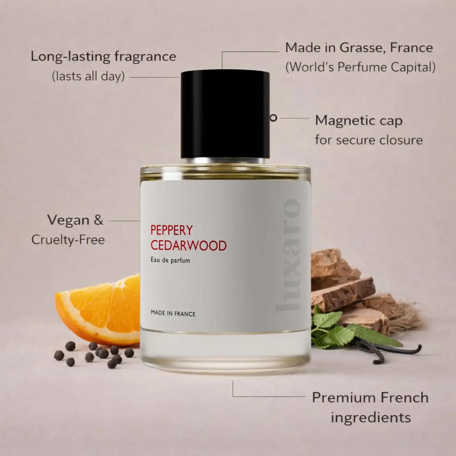 Peppery Cedarwood designer inspired perfume by Luxaro, made in France in Grasse, long lasting, vegan and cruelty free