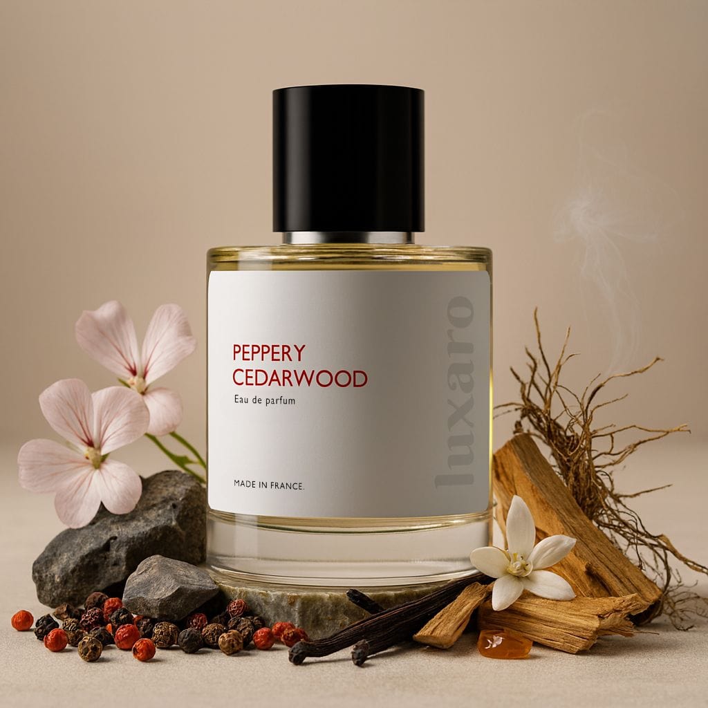 Luxaro Peppery Cedarwood perfume featuring cedarwood, vetiver, and benzoin, inspired by Hermès's Terre D'Hermès dupe - affordable alternative made in France
