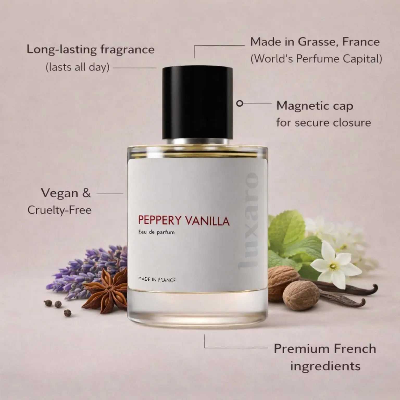 Peppery Vanilla designer inspired perfume by Luxaro, made in France in Grasse, long lasting, vegan and cruelty free