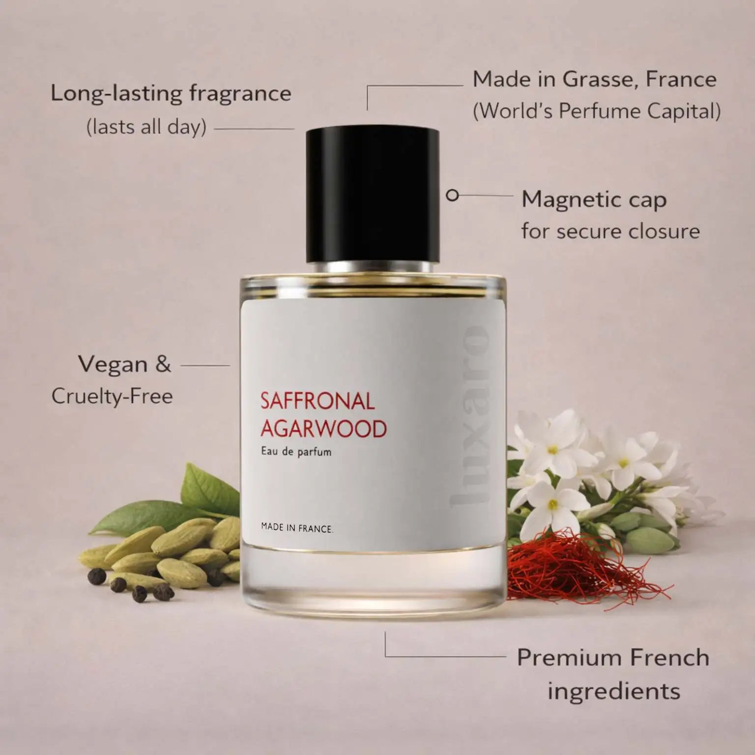 Saffronal Agarwood designer inspired perfume by Luxaro, made in France in Grasse, long lasting, vegan and cruelty free