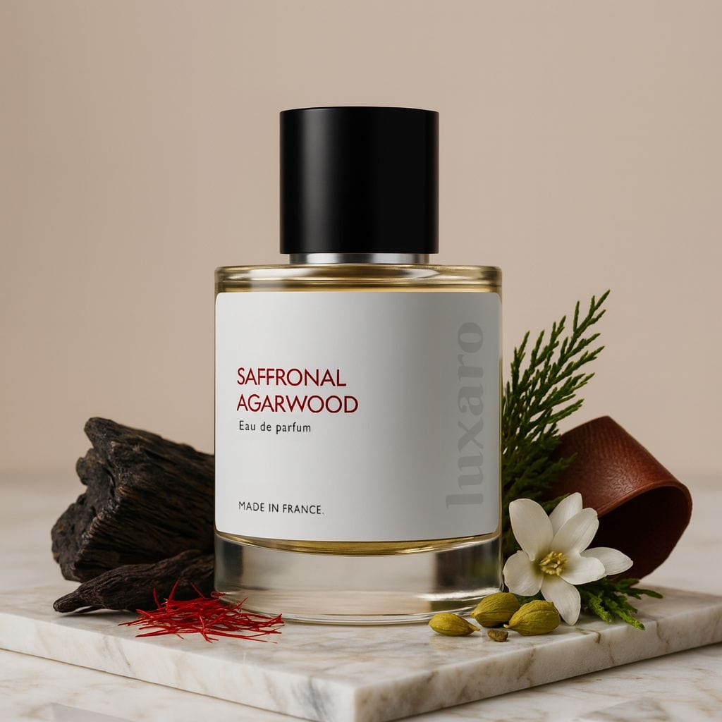 Luxaro Saffronal Agarwood perfume featuring saffron, leather, and sandalwood, inspired by Penhaligon's Halfeti dupe - affordable alternative made in France