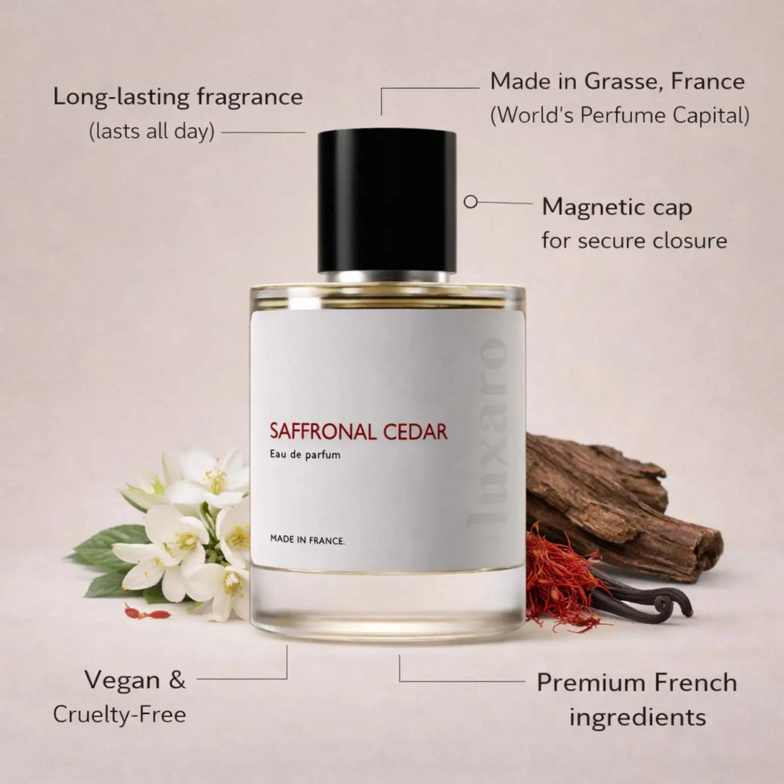 Saffronal Cedar designer inspired perfume by Luxaro, made in France in Grasse, long lasting, vegan and cruelty free