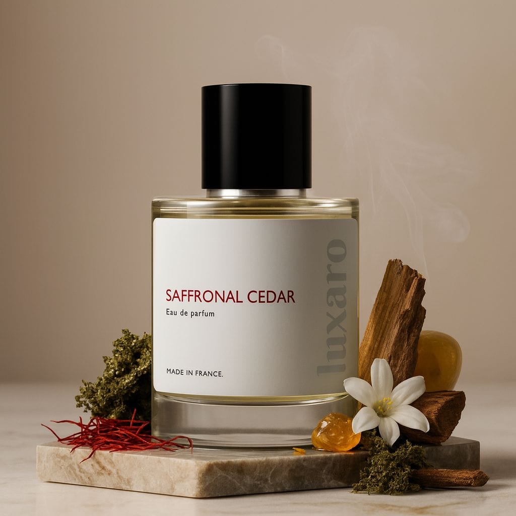 Luxaro Saffronal Cedar perfume featuring saffron, jasmine, and cedarwood, inspired by Baccarat Rouge 540 dupe - affordable alternative made in France