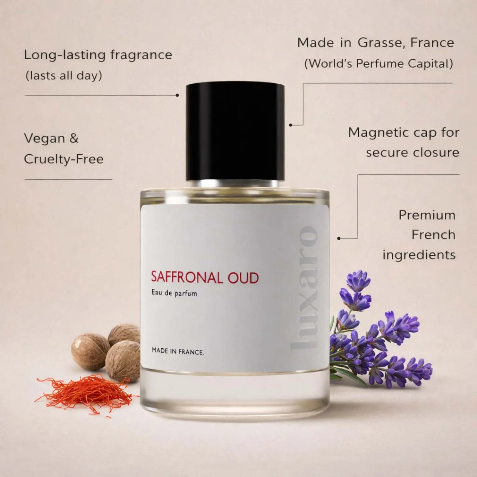 Saffronal Oud designer inspired perfume by Luxaro, made in France in Grasse, long lasting, vegan and cruelty free