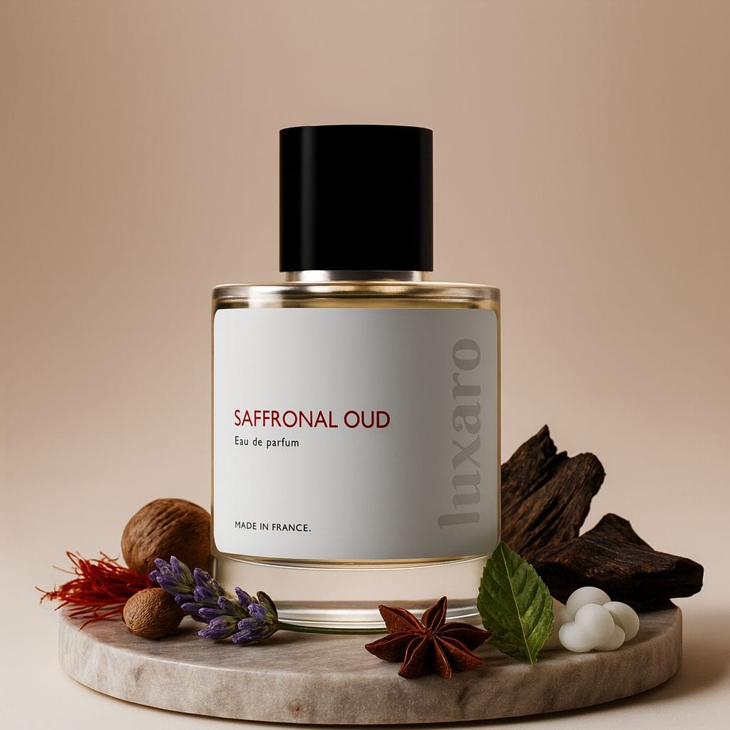 Luxaro Saffronal Oud perfume featuring saffron, nutmeg, and patchouli, inspired by Initio's Oud For Greatness dupe - affordable alternative made in France