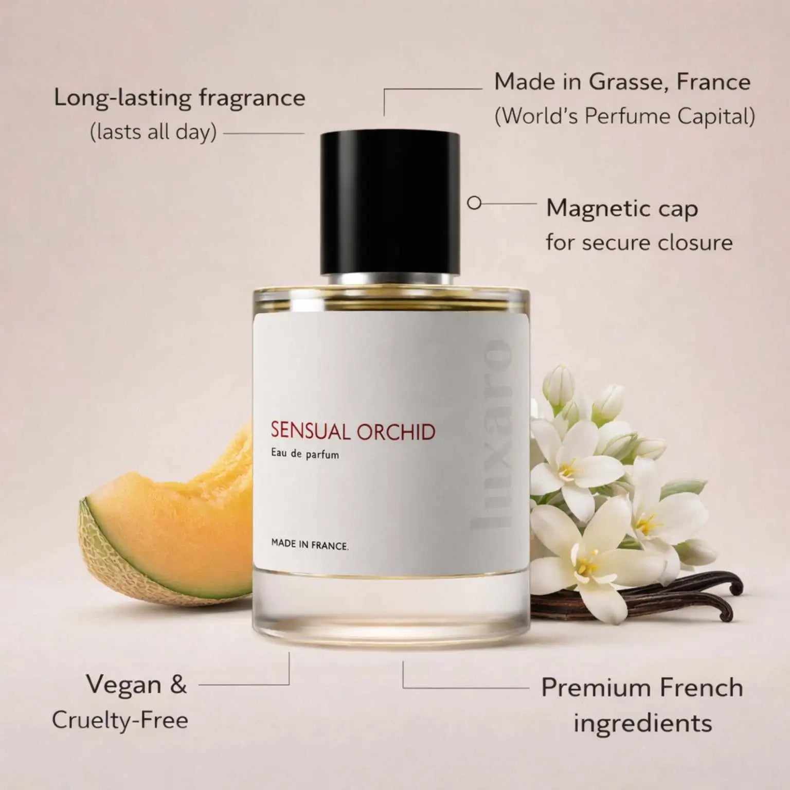 Sensual Orchid designer inspired perfume by Luxaro, made in France in Grasse, long lasting, vegan and cruelty free