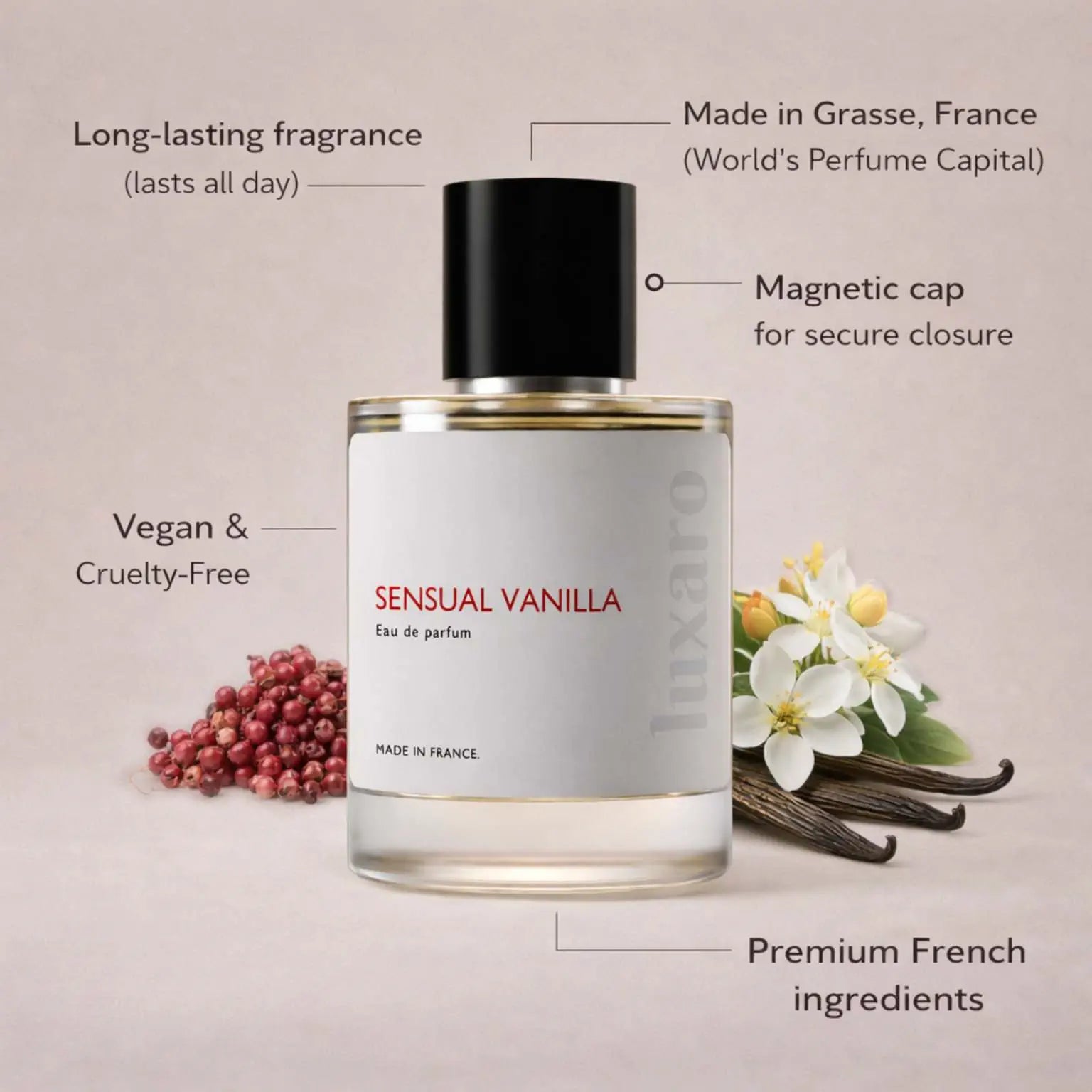 Sensual Vanilla designer inspired perfume by Luxaro, made in France in Grasse, long lasting, vegan and cruelty free