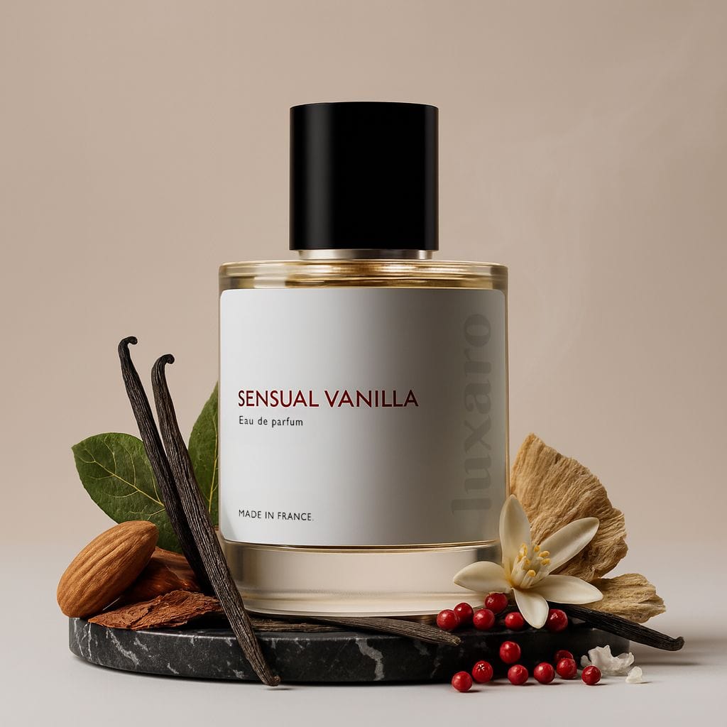 Luxaro Sensual Vanilla perfume featuring vanilla, jasmine, and cedar, inspired by YSL's Black Opium dupe - affordable alternative made in France