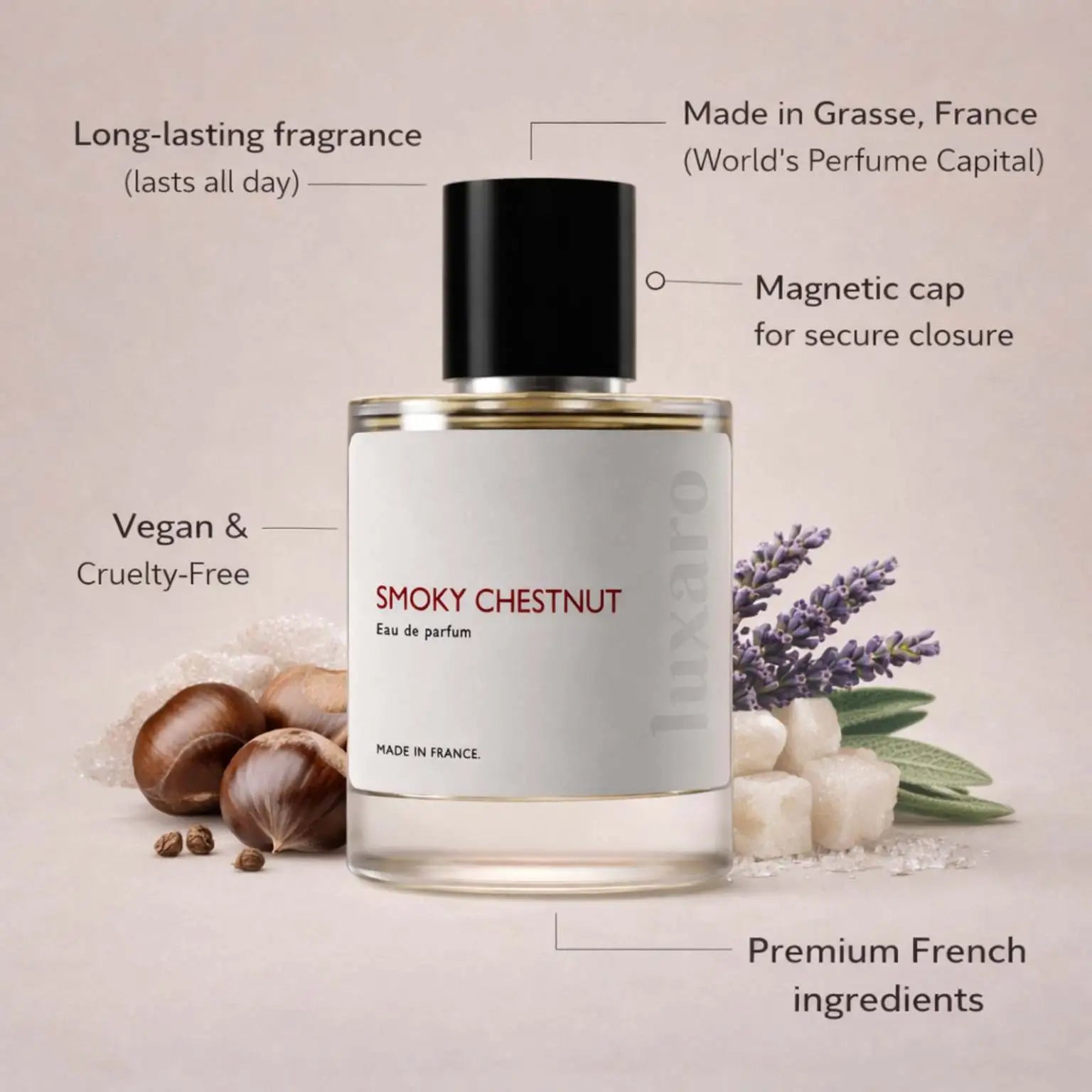 Smoky Chestnut designer inspired perfume by Luxaro, made in France in Grasse, long lasting, vegan and cruelty free