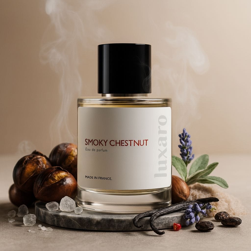 Luxaro Smoky Chestnut perfume featuring chestnut, sage, and lavender, inspired by Armani's Stronger With You dupe - affordable alternative made in France